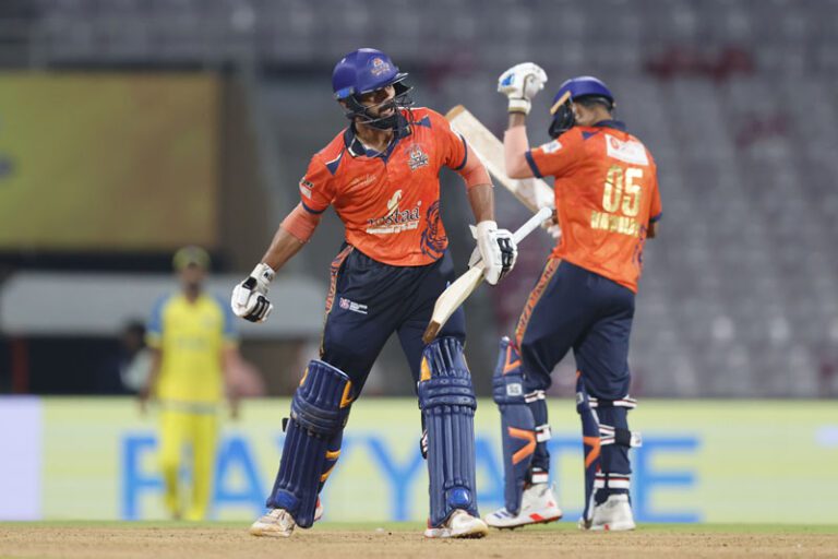 Chinmay Sutar of MSC Maratha Royals celebrates win during match 15 of the T20 Mumbai 2025 between MSC Maratha Royals and ARCS Andheri, held at Dr DY Patil Sports Academy, Navi Mumbai on 7 June 2025.Photo by Pankaj Nangia / CREIMAS for T20 MumbaiRESTRICTED TO EDITORIAL USE