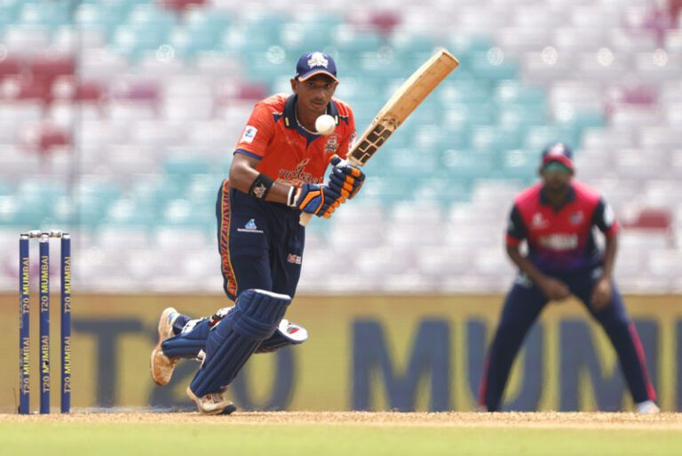 Sahil Jadhav of MSC Maratha Royals during match 17 of the T20 Mumbai 2025 between MSC Maratha Royals and Bandra Blasters, held at Dr DY Patil Sports Academy, Navi Mumbai on 8 June 2025.Photo by Deepak Malik / CREIMAS for T20 MumbaiRESTRICTED TO EDITORIAL USE