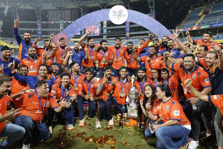 MSC Maratha Royals players with the T20 Mumbai Trophy after the Final match of the T20 Mumbai 2025 between MSC Maratha Royals and Sobo Mumbai Falcons, held at Wankhede Stadium, Mumbai on 12 June 2025.

Photo by Deepak Malik / CREIMAS for T20 Mumbai

RESTRICTED TO EDITORIAL USE