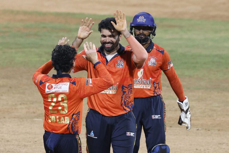 Aditya Dhumal of MSC Maratha Royals celebrates the wicket of Ishan Mulchandani of Sobo Mumbai Falcons during the Final match of the T20 Mumbai 2025 between MSC Maratha Royals and Sobo Mumbai Falcons, held at Wankhede Stadium, Mumbai on 12 June 2025.Photo by Deepak Malik / CREIMAS for T20 MumbaiRESTRICTED TO EDITORIAL USE