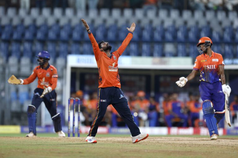 Vaibhav Mali of MSC Maratha Royals celebrates the wicket of Angkrish Raghuvanshi of Sobo Mumbai Falcons during the Final match of the T20 Mumbai 2025 between MSC Maratha Royals and Sobo Mumbai Falcons, held at Wankhede Stadium, Mumbai on 12 June 2025.

Photo by Pankaj Nangia/ CREIMAS for T20 Mumbai

RESTRICTED TO EDITORIAL USE