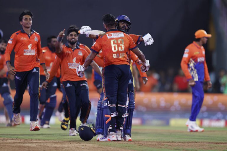 MSC Maratha Royals team members celebrate their team's win over Sobo Mumbai Falcons during the Final match of the T20 Mumbai 2025 between MSC Maratha Royals and Sobo Mumbai Falcons, held at Wankhede Stadium, Mumbai on 12 June 2025.

Photo by Pankaj Nangia/ CREIMAS for T20 Mumbai

RESTRICTED TO EDITORIAL USE