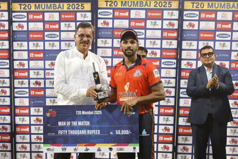 Rohan Raje of MSC Maratha Royals receives the man of the match award during the presentation of the match 2 of the T20 Mumbai 2025 between Aakash Tigers MWS and MSC Maratha Royals, held at Wankhede Stadium, Mumbai on 4 June 2025.Photo by Vipin Pawar / CREIMAS for T20 MumbaiRESTRICTED TO EDITORIAL USE