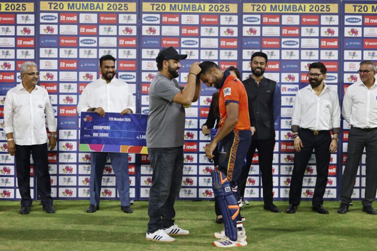 Rohit Sharma present the winner medal during the presentation ceremony of the Final match of the T20 Mumbai 2025 between MSC Maratha Royals and Sobo Mumbai Falcons, held at Wankhede Stadium, Mumbai on 12 June 2025.Photo by Vipin Pawar / CREIMAS for T20 MumbaiRESTRICTED TO EDITORIAL USE