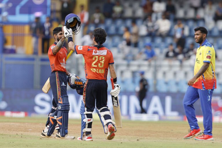 Sachin Yadav of MSC Maratha Royals and Siddhessh Lad of MSC Maratha Royals celebrate after winning the first semi-final match of the T20 Mumbai 2025 between Eagle Thane Strikers and MSC Maratha Royals, held at Wankhede Stadium, Mumbai on 10 June 2025.

Photo by Vipin Pawar / CREIMAS for T20 Mumbai

RESTRICTED TO EDITORIAL USE